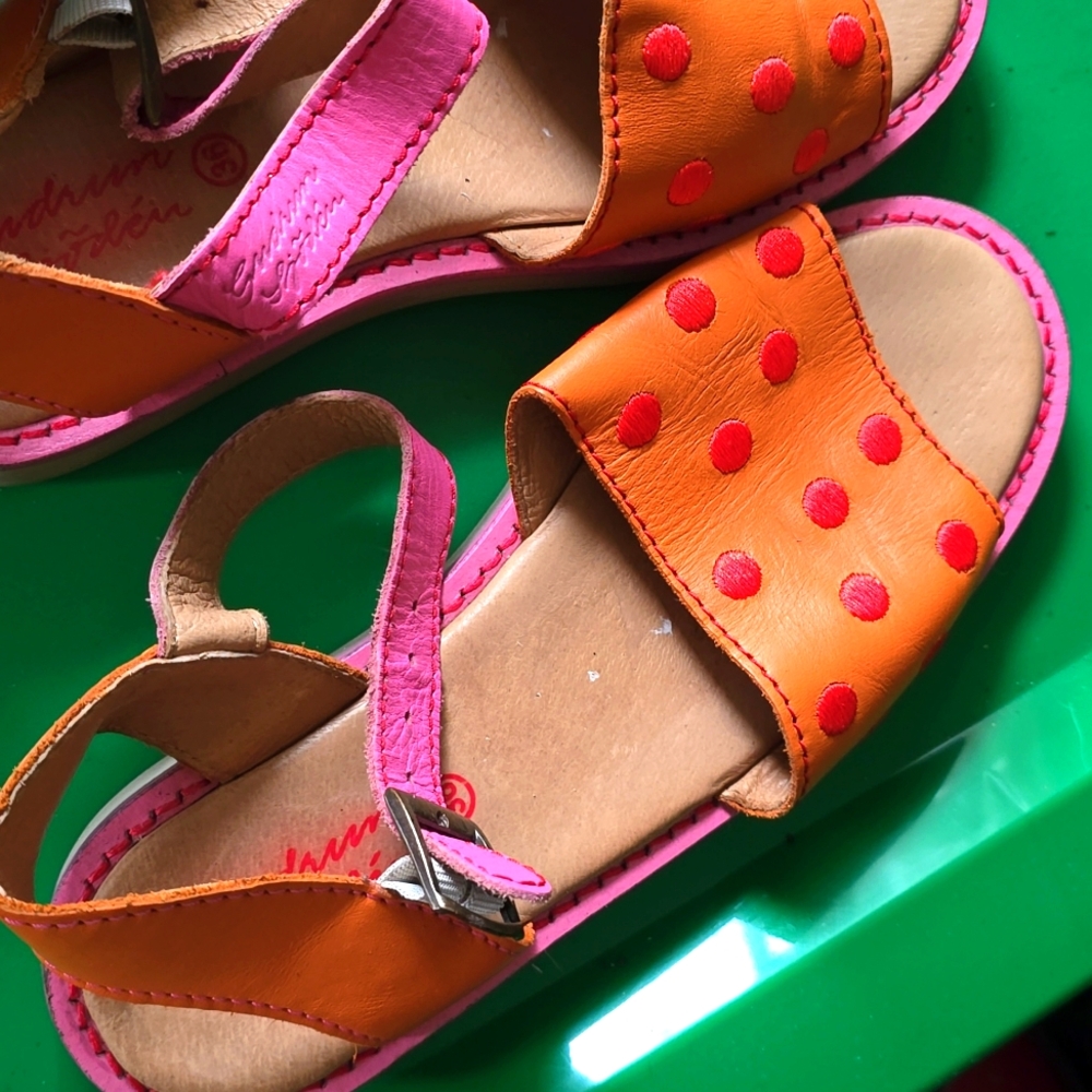 Gudrun Sjoden Leather Orange Polka Dot Strap Sandals SWEDEN Womens 6 US 36 EU